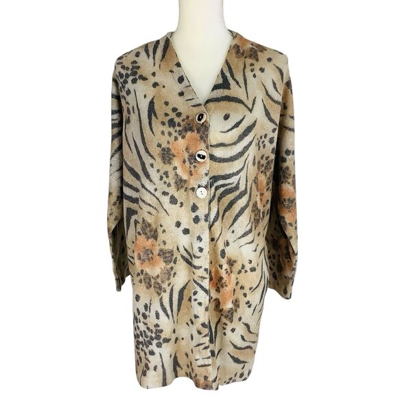 Gabriella T Italy Merino Wool Blend Cardigan Sweater 1X Floral Animal 3/4 Sleeve - Picture 1 of 13